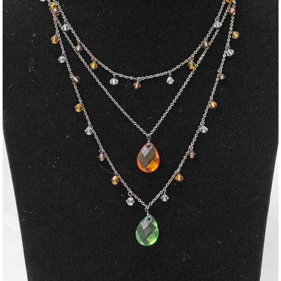 Three Strand Antiqued Gold Necklace with Amber, Green, and Clear Bead Drops N72 - Picture 2 of 2
